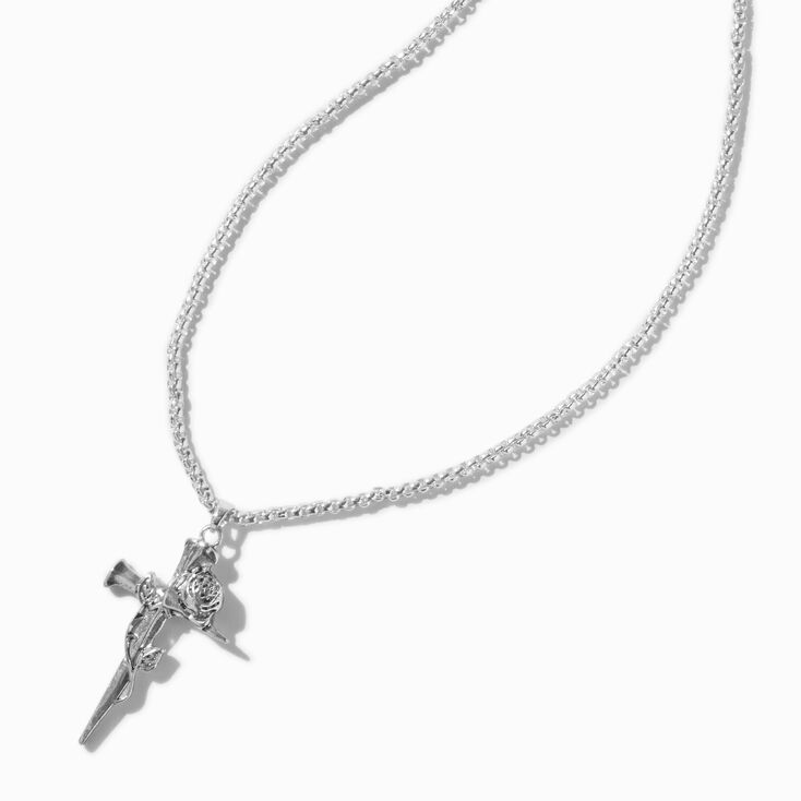 Silver-tone Long Nail Cross Rose Pendant Necklace,