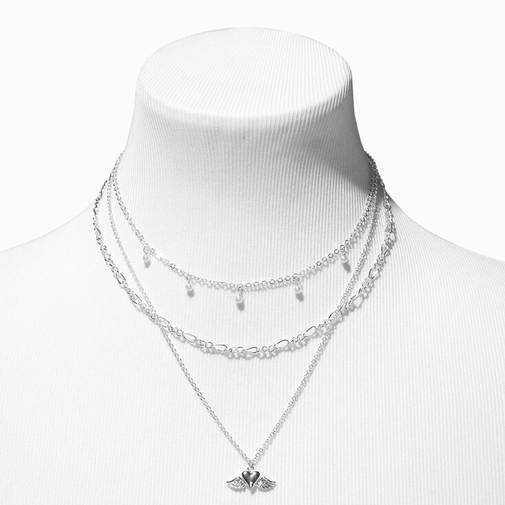 Silver Heart with Angel Wings Multi-Strand Necklace,