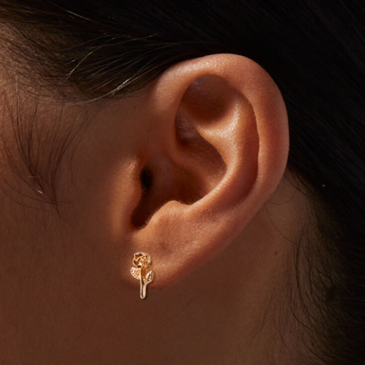 Gold-tone Rose Stem Stud Earrings,