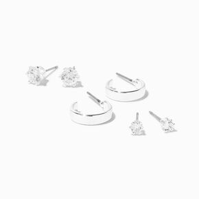 Silver-tone Cubic Zirconia Studs &amp; White Enamel Hoop Earrings - 3 Pack,