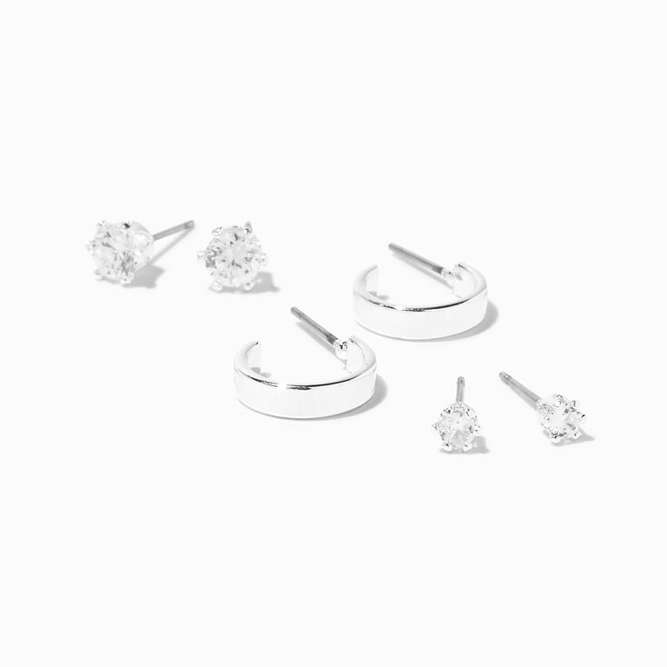 Silver-tone Cubic Zirconia Studs &amp; White Enamel Hoop Earrings - 3 Pack,