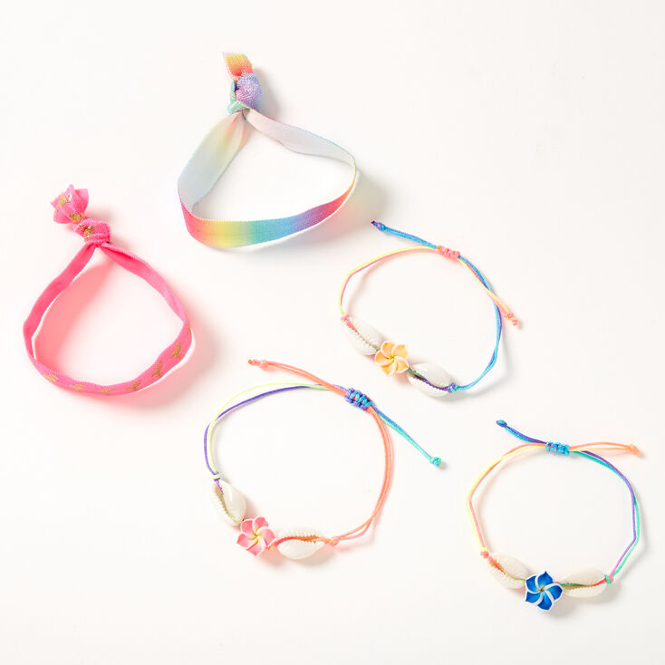 Claire's Bracelets réglables arc-en-ciel coquillages cauris et fleurs - Lot de 5
