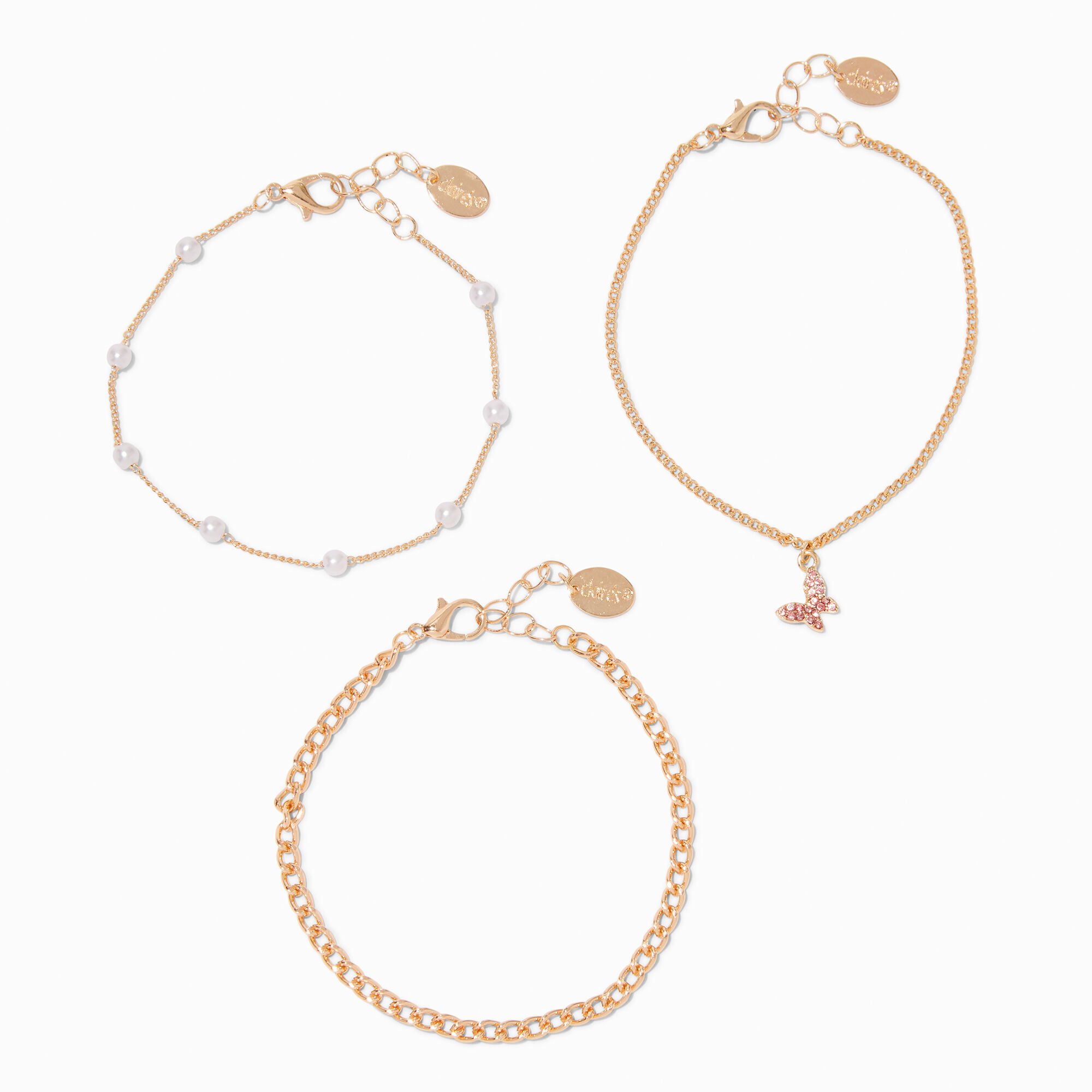 View Claires GoldTone Butterfly Pearl Bracelet Set 3 Pack Pink information