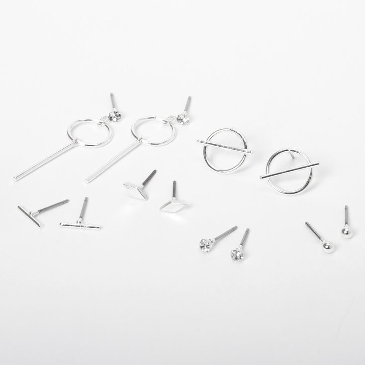 Silver Delicate Geometric Stud Earring Set - 6 Pack,