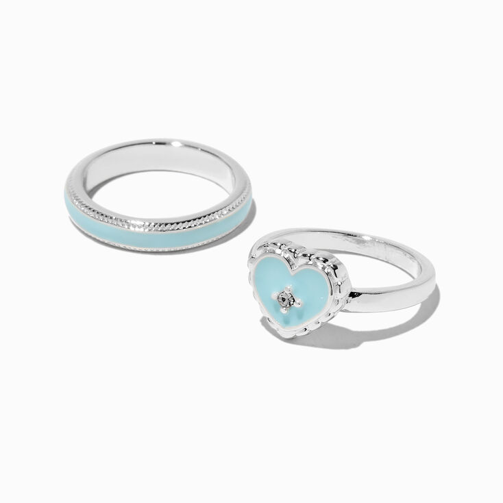 Light Blue Enamel Heart Rings Stack - 2 Pack,