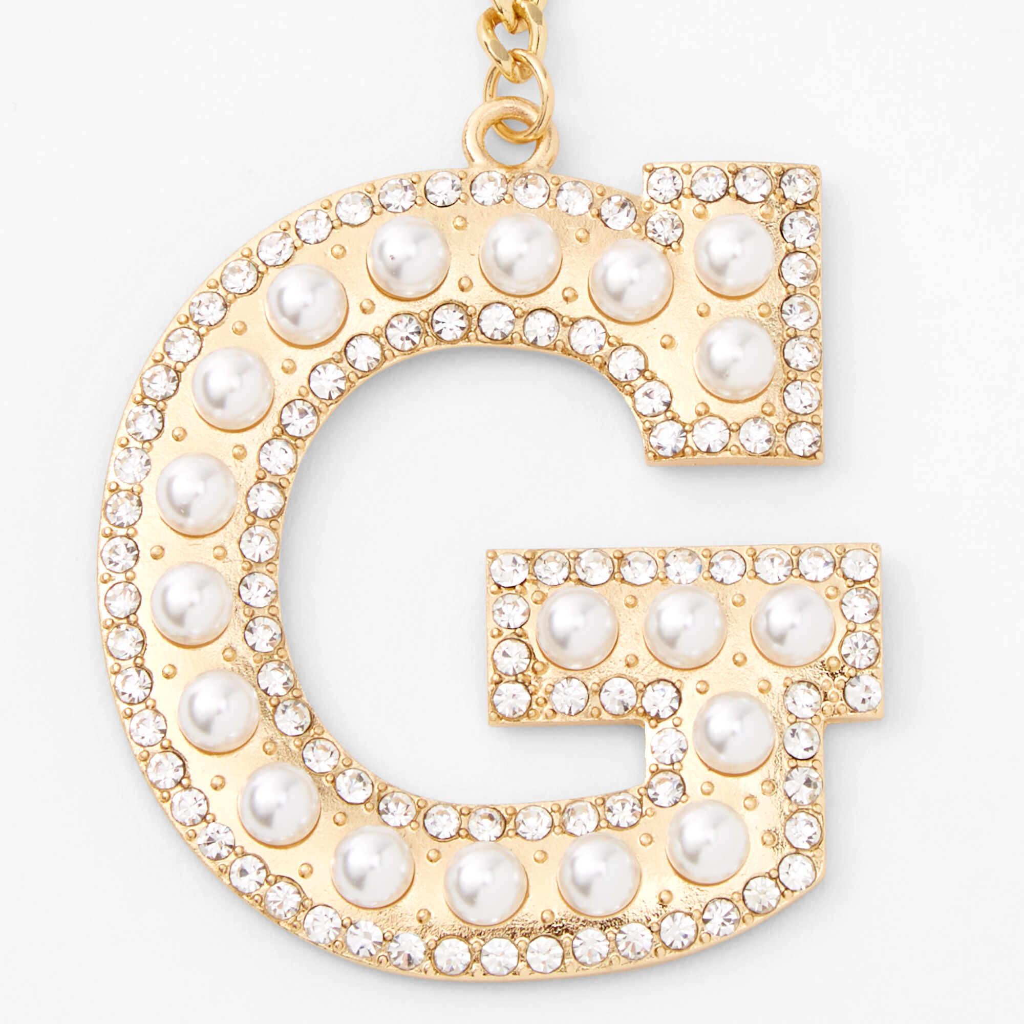 Gold Bling Initial Pom Pom Keyring - White, G,