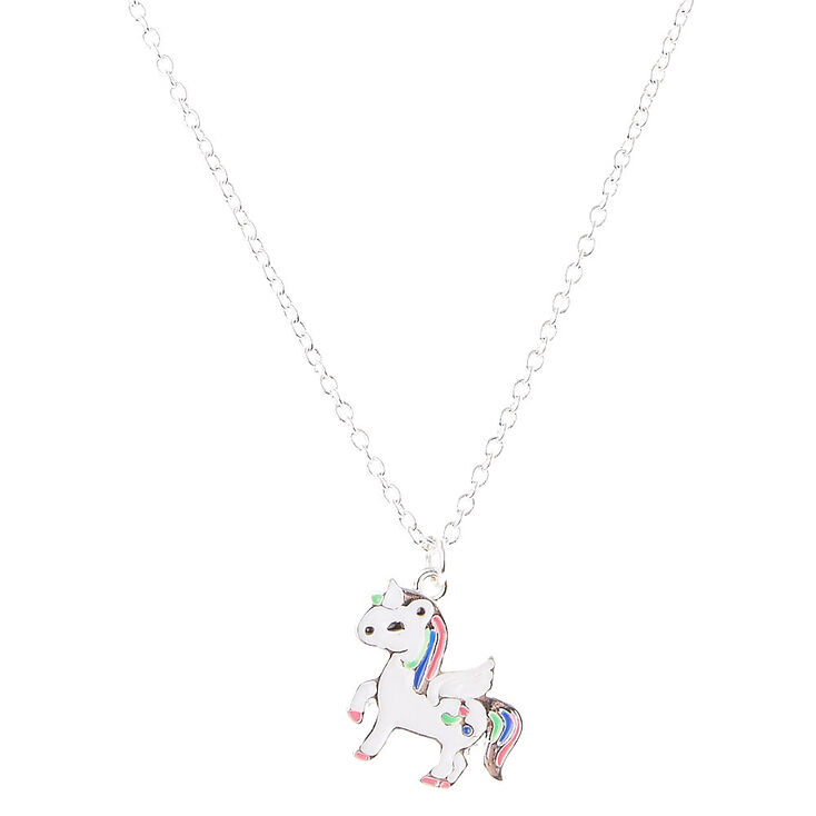 Collier couleur argent&eacute; avec pendentif licorne blanc et arc-en-ciel,