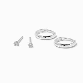 C LUXE by Claire&#39;s Sterling Silver Cubic Zirconia 2MM Round Stud &amp; 8MM Clicker Hoop Earrings,