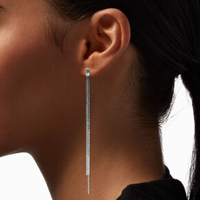 Silver Cubic Zirconia Stud 4&quot; Chain Linear Drop Earrings,