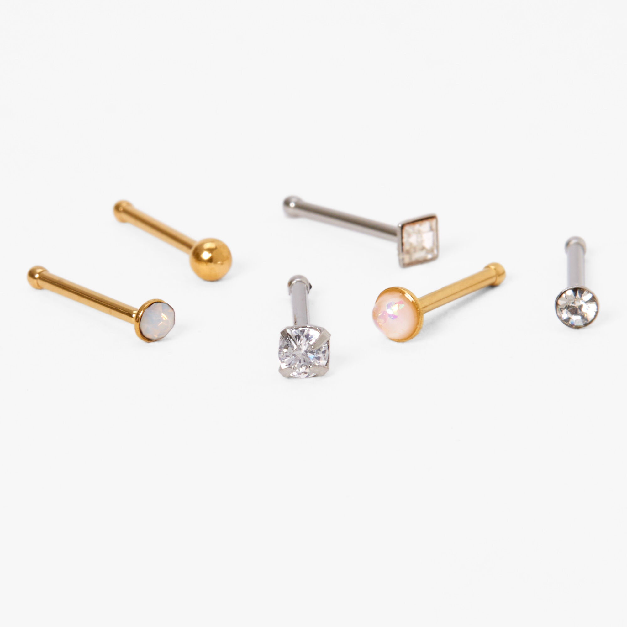 Mixed Metal Opal And Crystal 20G Nose Studs - 6 Pack,