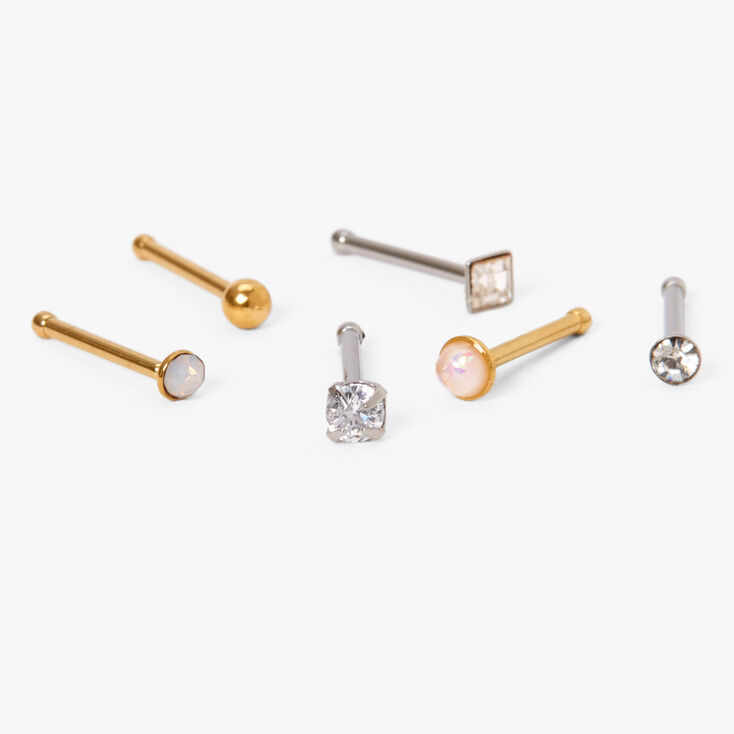 Mixed Metal Opal And Crystal 20G Nose Studs - 6 Pack,