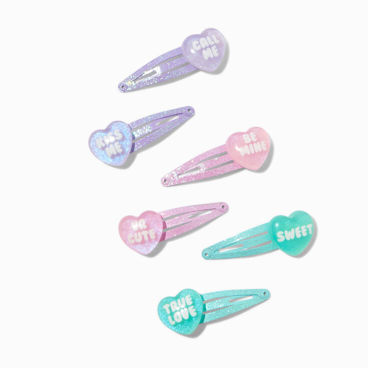 Valentine&#39;s Day Candy Hearts Glitter Snap Hair Clips - 6 Pack,