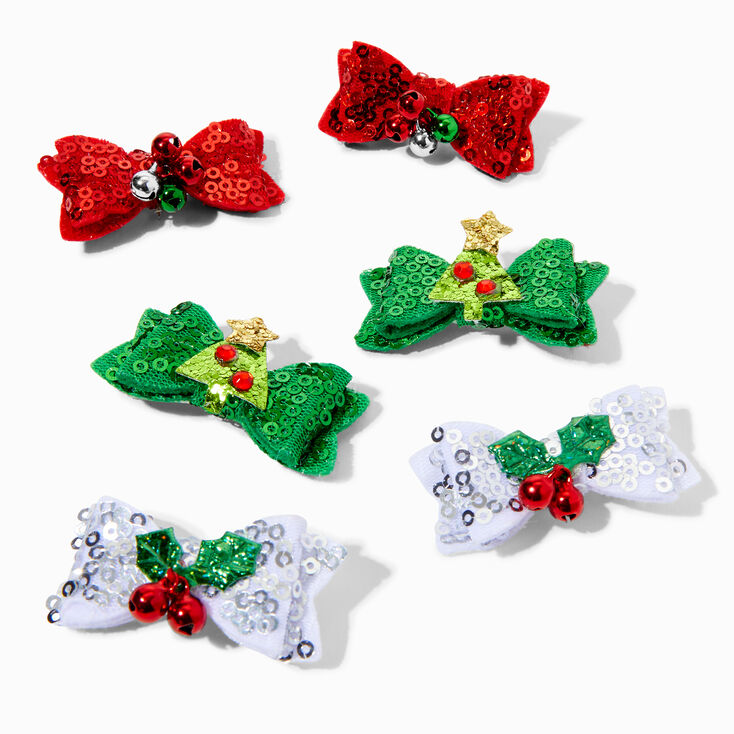 Christmas Icons Sequin Bow Hair Clips - 6 Pack,
