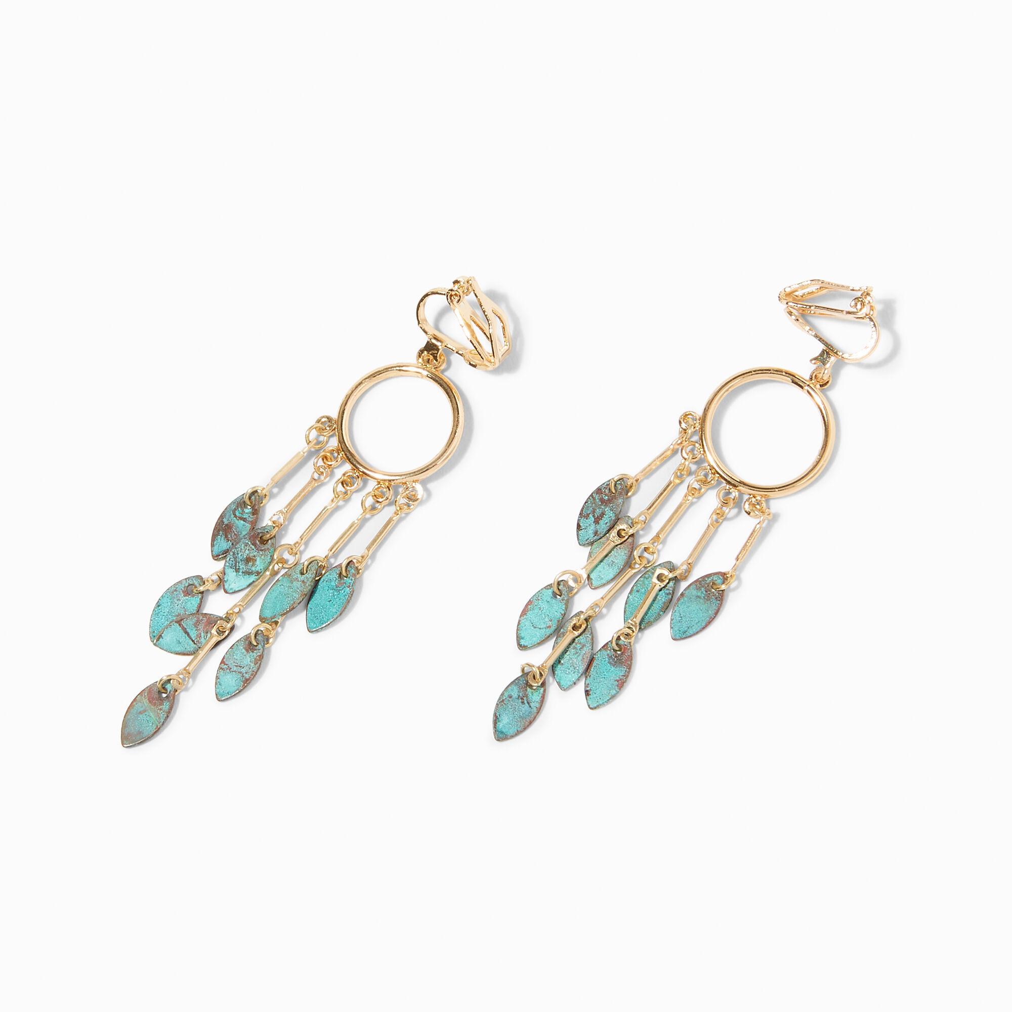 View Claires Patina Leaf 2 ClipOn Drop Earrings Turquoise information