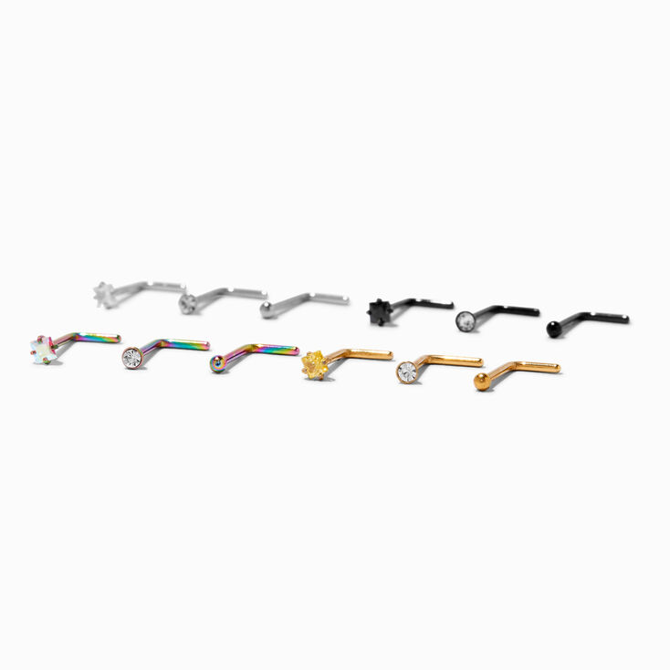 20G Mixed Metal Stainless Steel Cubic Zirconia Nose Studs - 12 Pack,