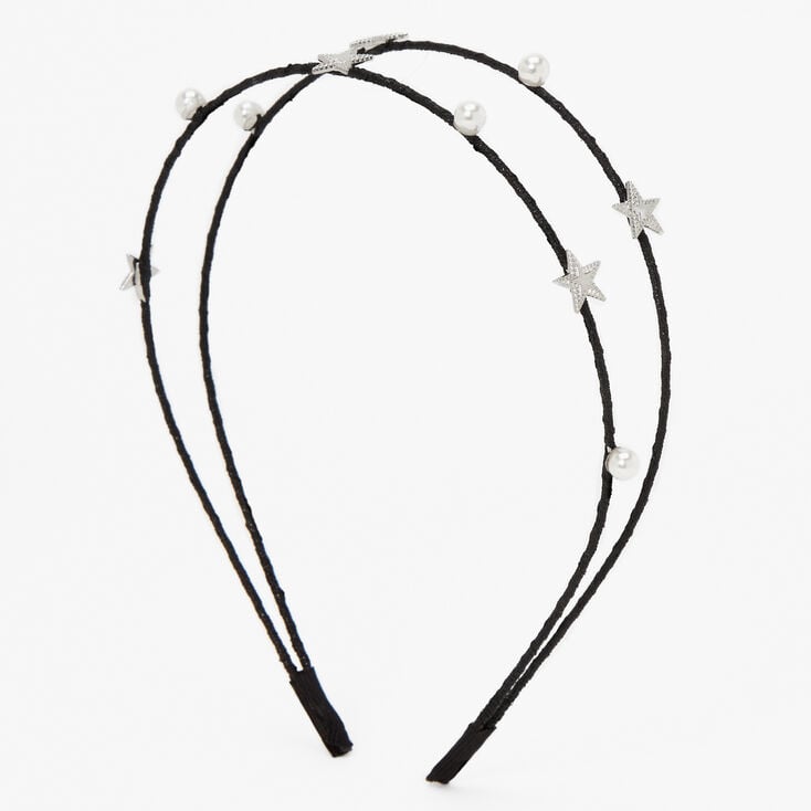 Silver Star &amp; Pearl Double Row Black Headband,