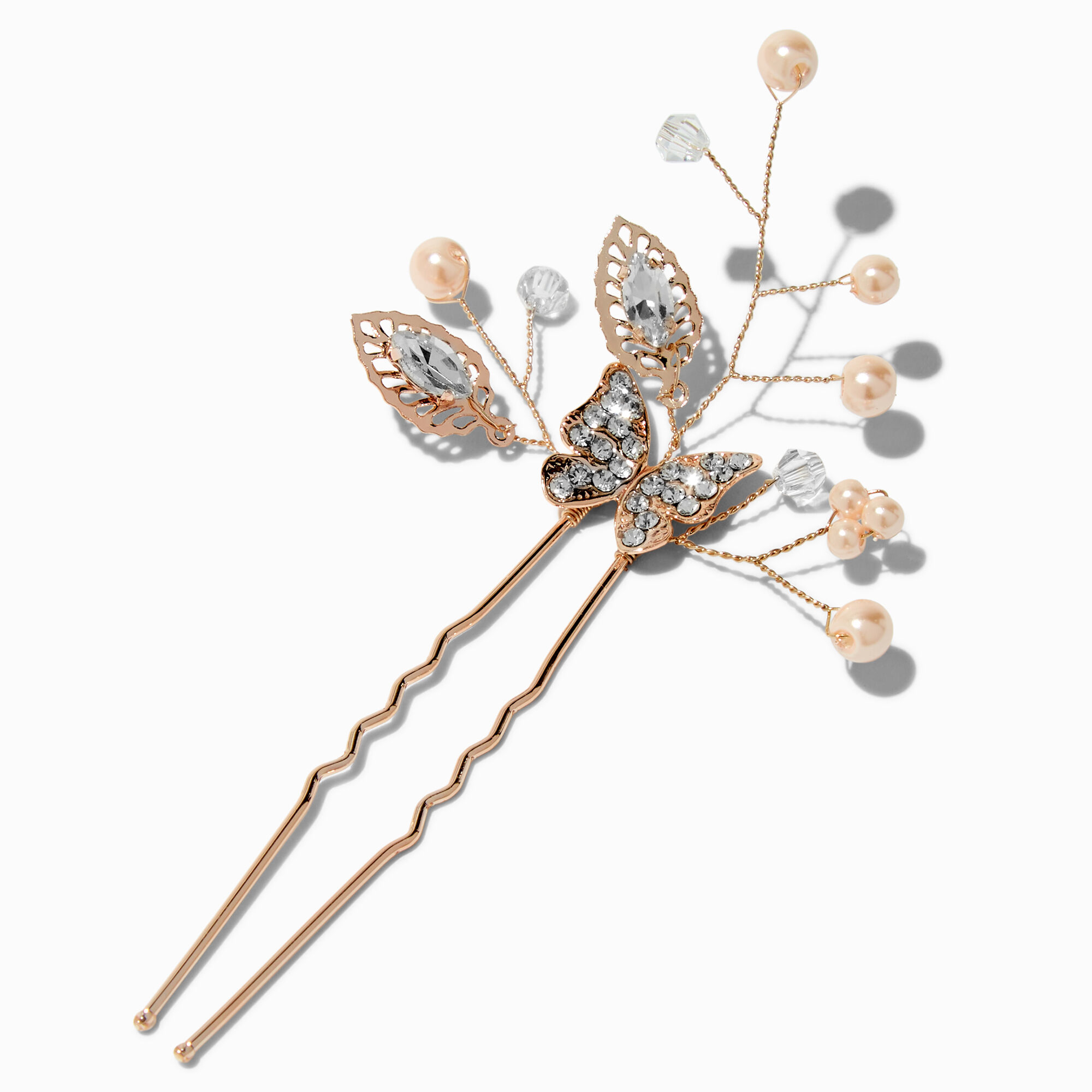 Rose Gold-tone Crystal Butterfly & Pearl Spray Hair Pins - 2 Pack,