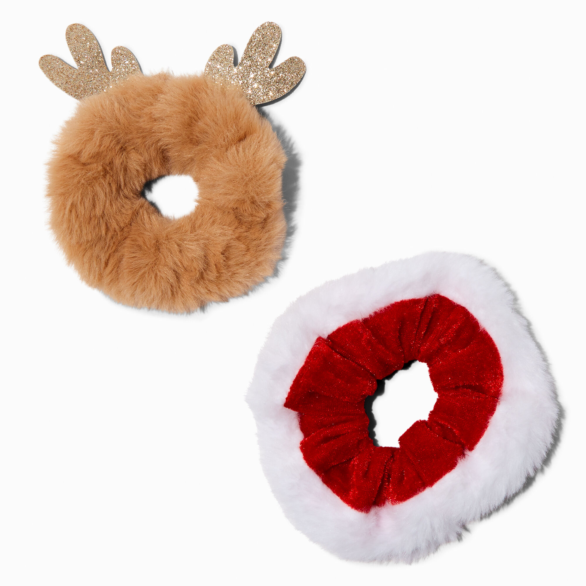 Santa & Reindeer Furry Hair Scrunchies - 2 Pack,