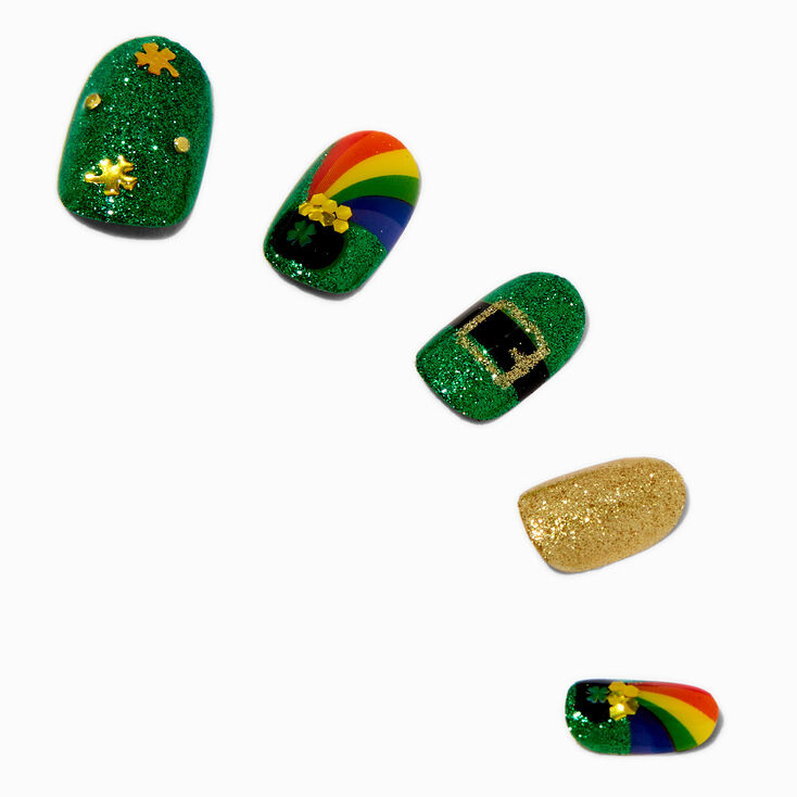 St. Patrick&#39;s Day Rainbows Round Press On Faux Nail Set - 24 Pack,