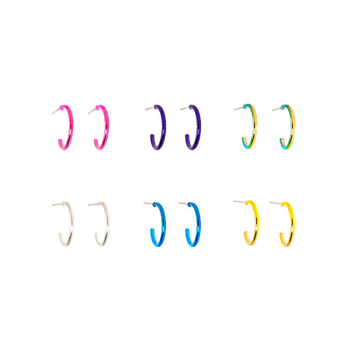 Silver Metallic Rainbow Hoop Earrings - 6 Pack,