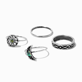 Burnished Silver Moon Mandala Band Rings - 4 Pack,