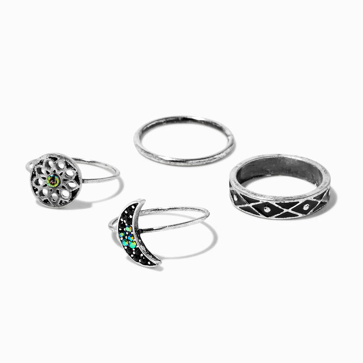 Burnished Silver Moon Mandala Band Rings - 4 Pack,