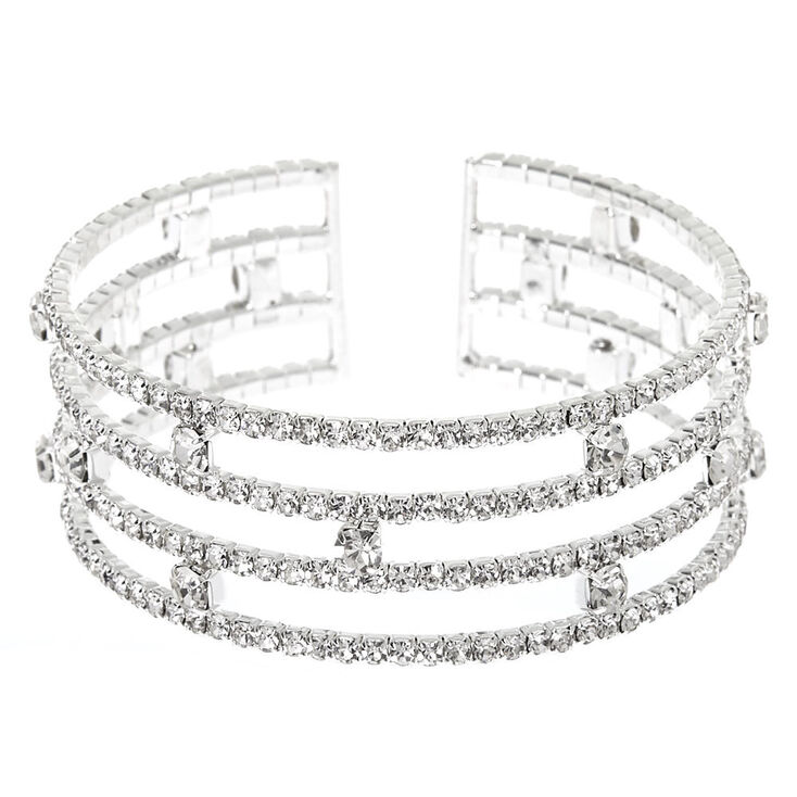 Silver Rhinestone Stacked Cuff Bracelet,