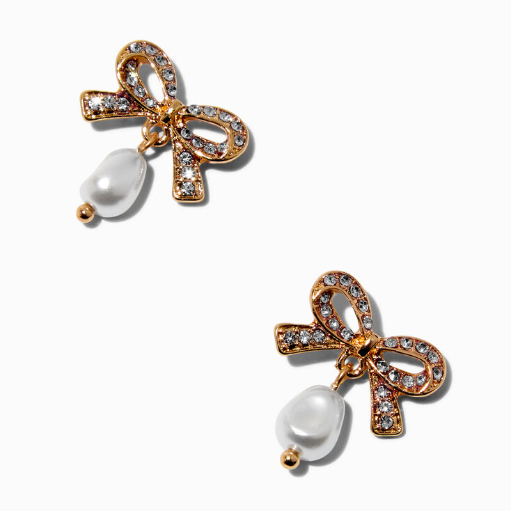 Pendantes perle d&#39;imitation et n&oelig;ud pav&eacute; couleur dor&eacute;e,