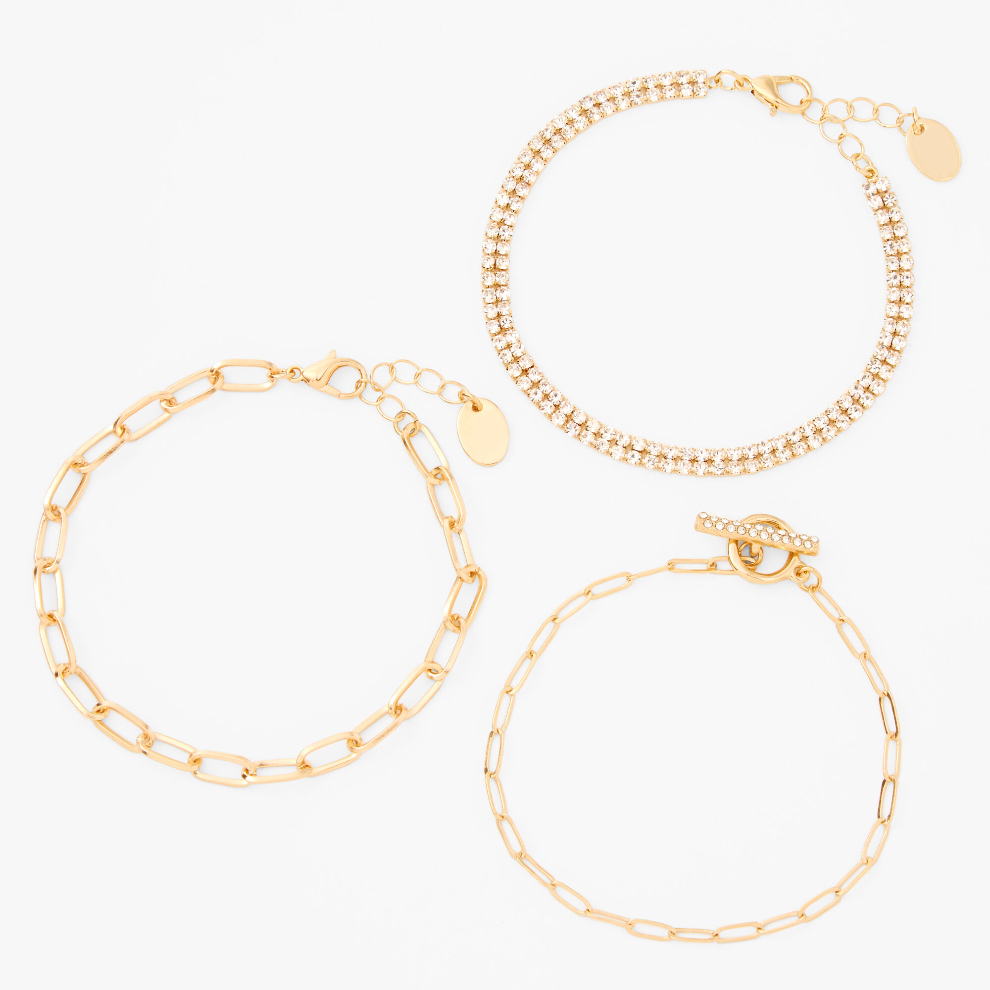 View Claires Tone Toggle Chainlink Rhinestone Bracelets 3 Pack Gold information