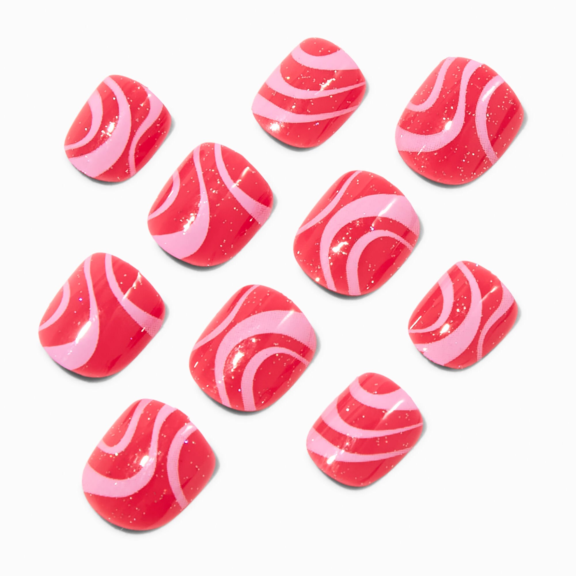 Claire's Club Pink Glitter Squiggle Press On Vegan Faux Nail Set - 10 Pack,