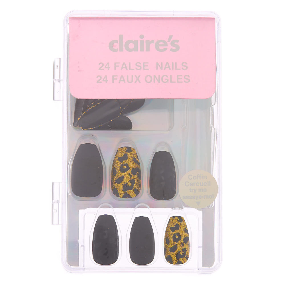 Glitter & Matte Leopard Coffin Faux Nail Set - Gold, 24 Pack,