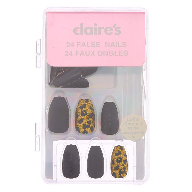 Glitter &amp; Matte Leopard Coffin Faux Nail Set - Gold, 24 Pack,