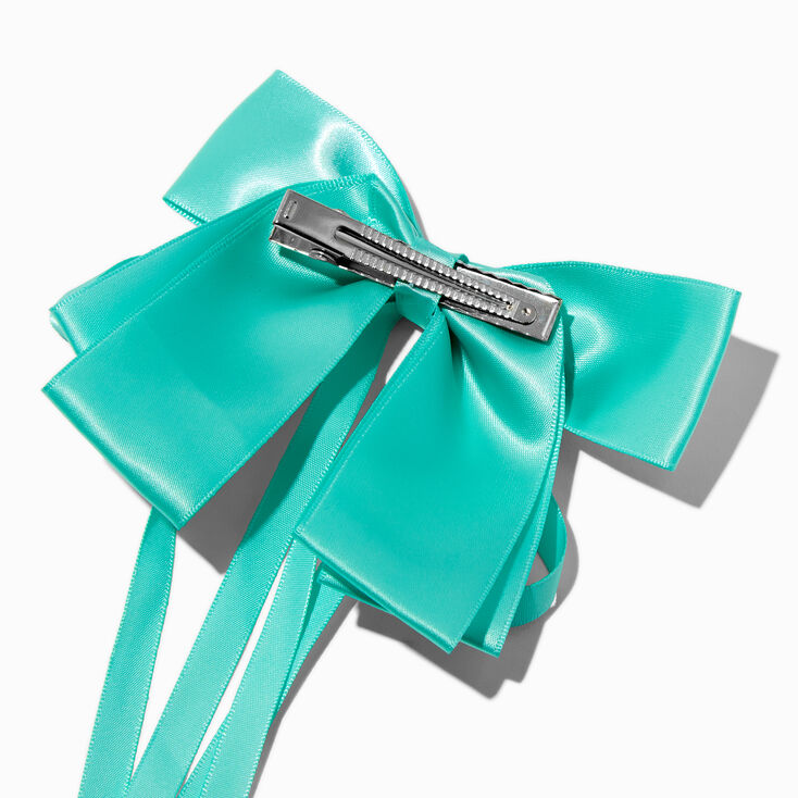 Pastel Teal Long Ribbon Bow Barrette Hair Clip,