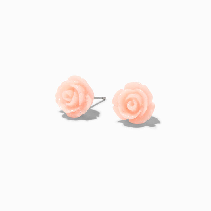 Glitter Rose Stud Earrings - Pink,