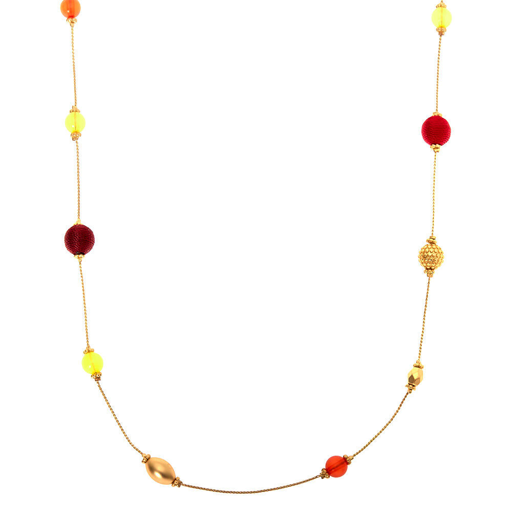 Gold Bead Long Necklace - Red,