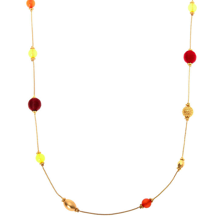 Gold Bead Long Necklace - Red,