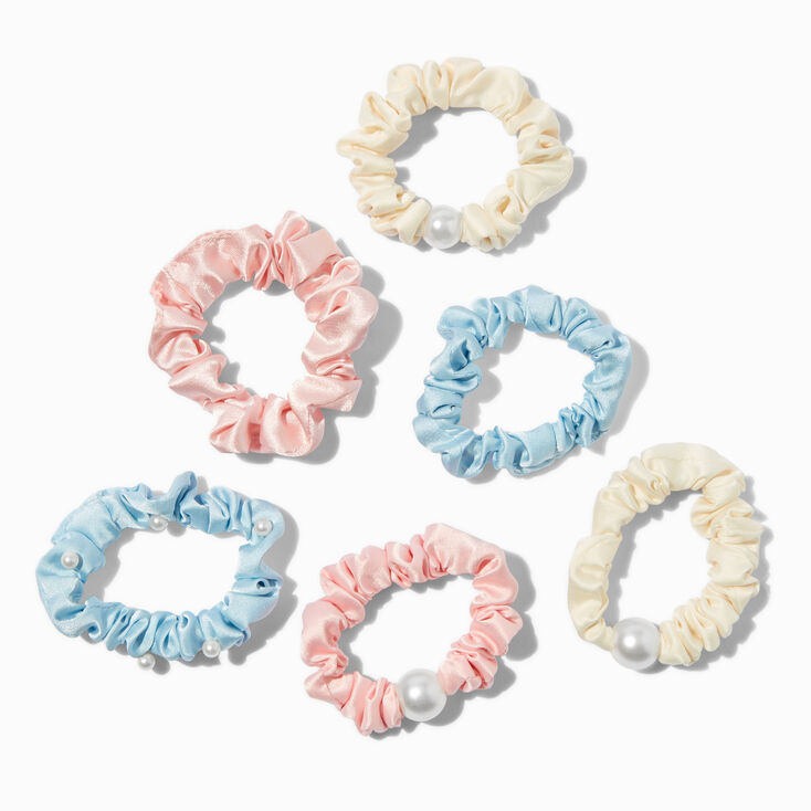 Pearl Pink, Blue, &amp; Ivory Skinny Silky Hair Scrunchies - 6 Pack,