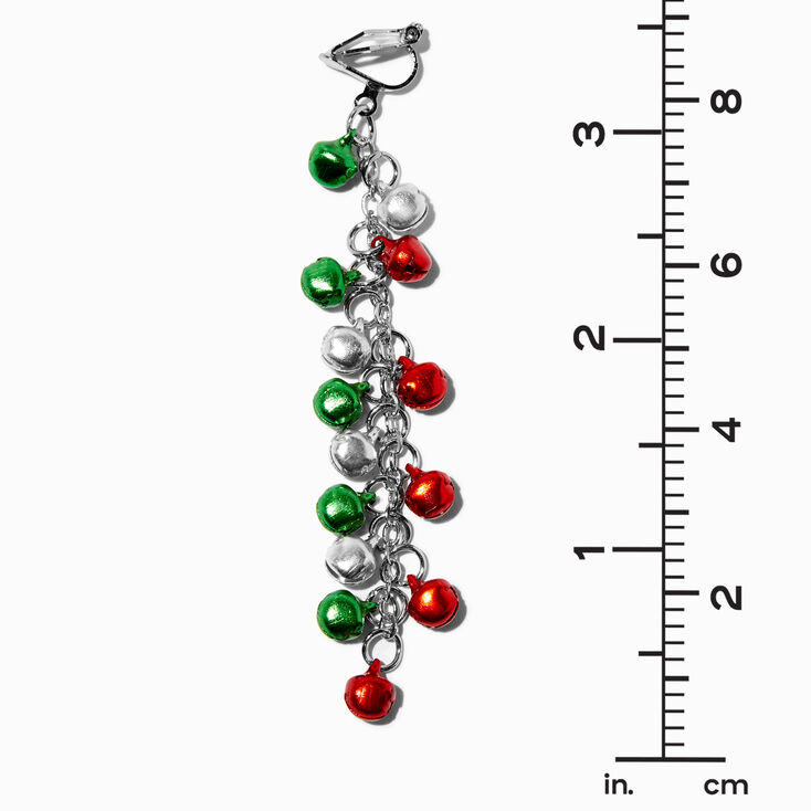 Silver 4&quot; Jingle Bells Linear Clip-On Drop Earrings,