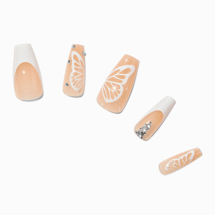 White Butterfly French Tip Bling Squareletto Vegan Faux Nail Set - 24 Pack,
