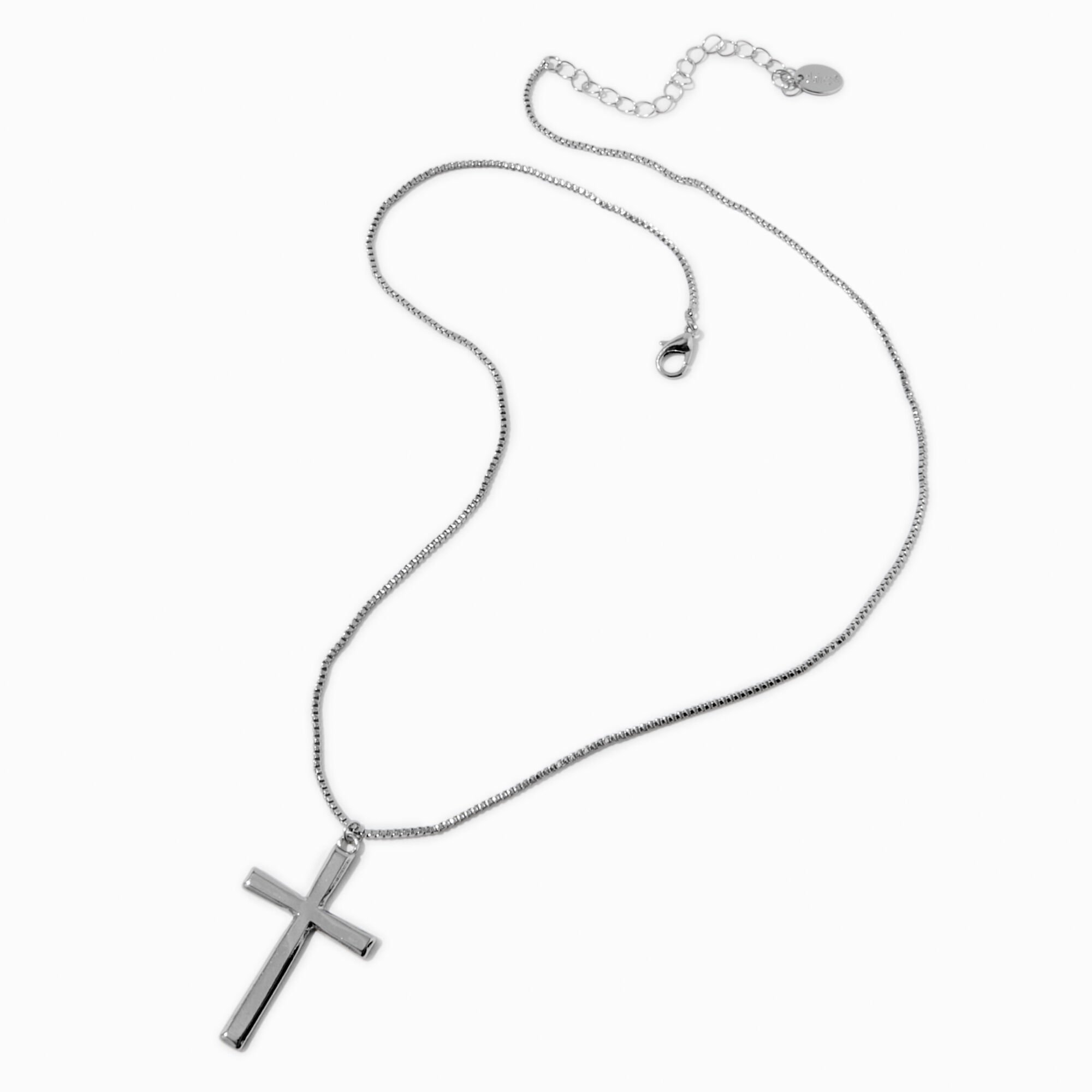 Silver-tone Box Chain Cross Pendant Necklace,