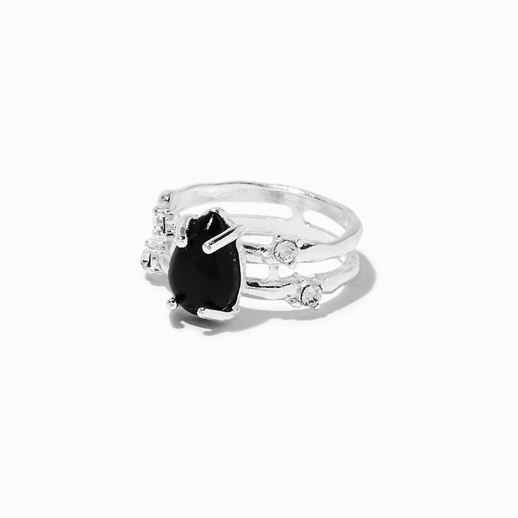 Black Crystal Pear Silver-tone Ring,