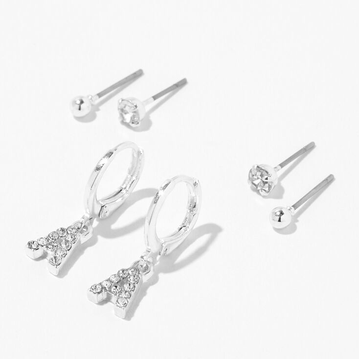 Silver Embellished Initial Huggie Hoop &amp; Stud Earrings - 3 Pack, A,