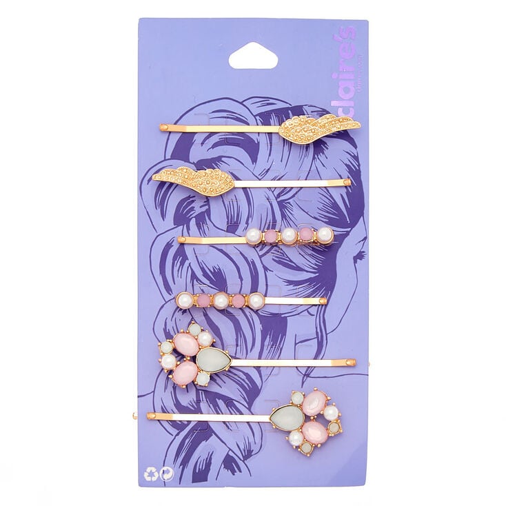 Claire's Lot de 6 épingles plates avec ailes de perles d’imitation couleur doré rose