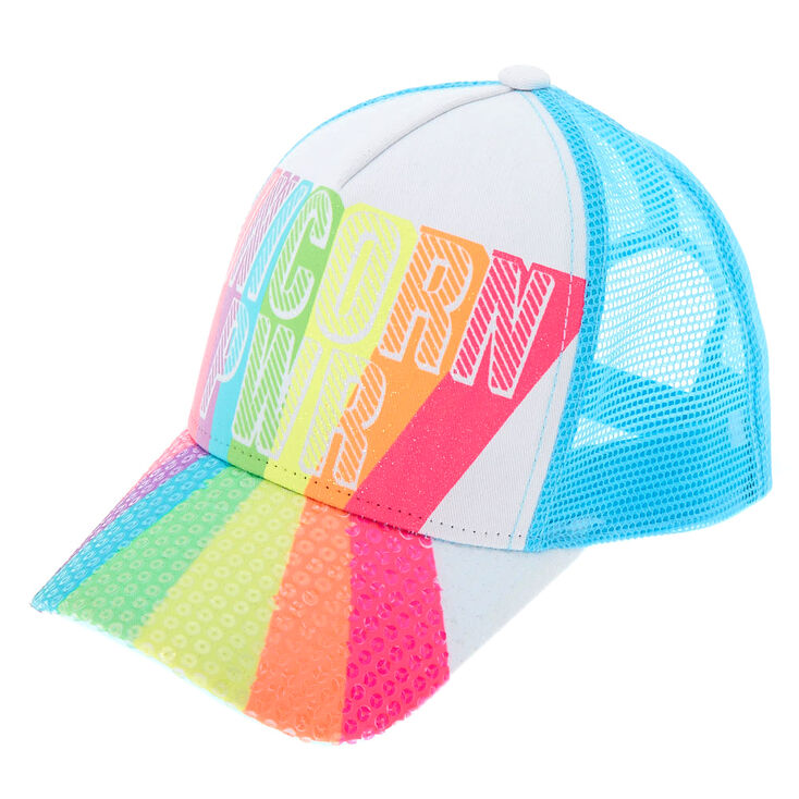 Rainbow Sequin Unicorn Pwr Trucker Hat Claire S Us