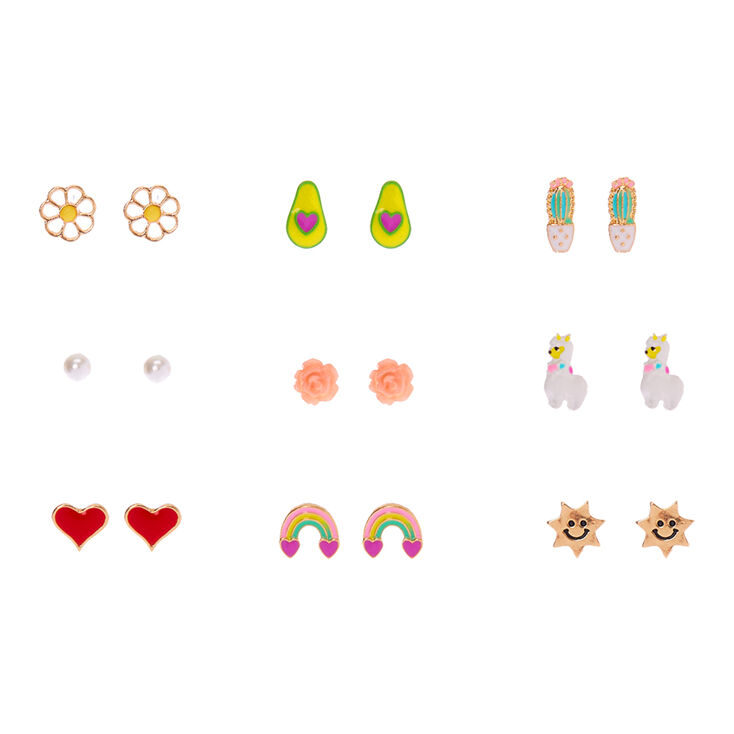 Happy Rainbows &amp; Flowers Stud Earrings - 9 Pack,