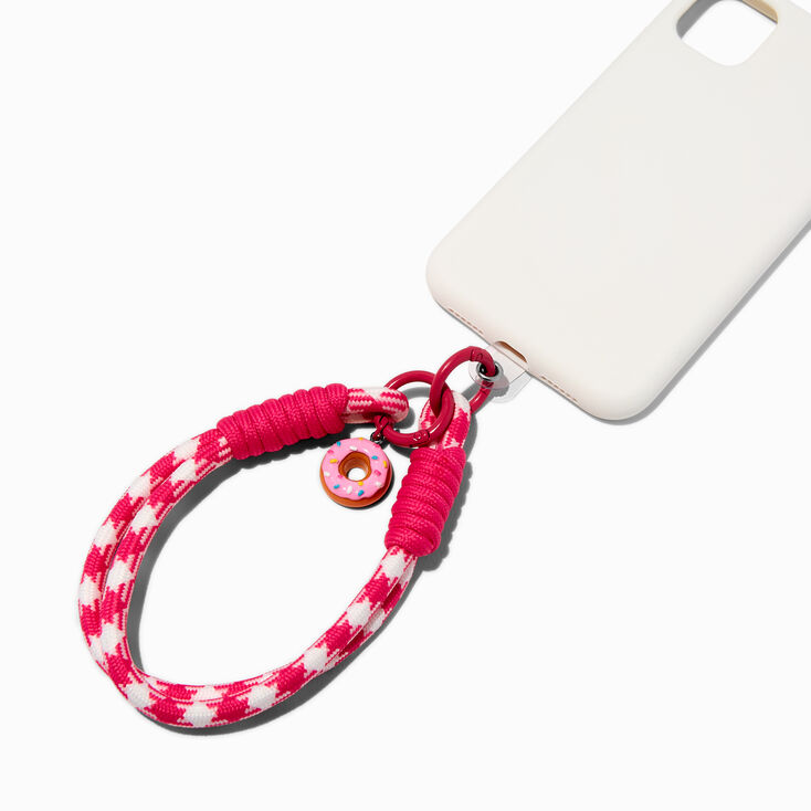 Dragonne pour portable pied-de-poule donut rose,