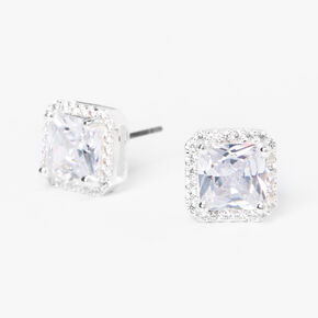 Silver-tone Square Cubic Zirconia Halo Stud Earrings,