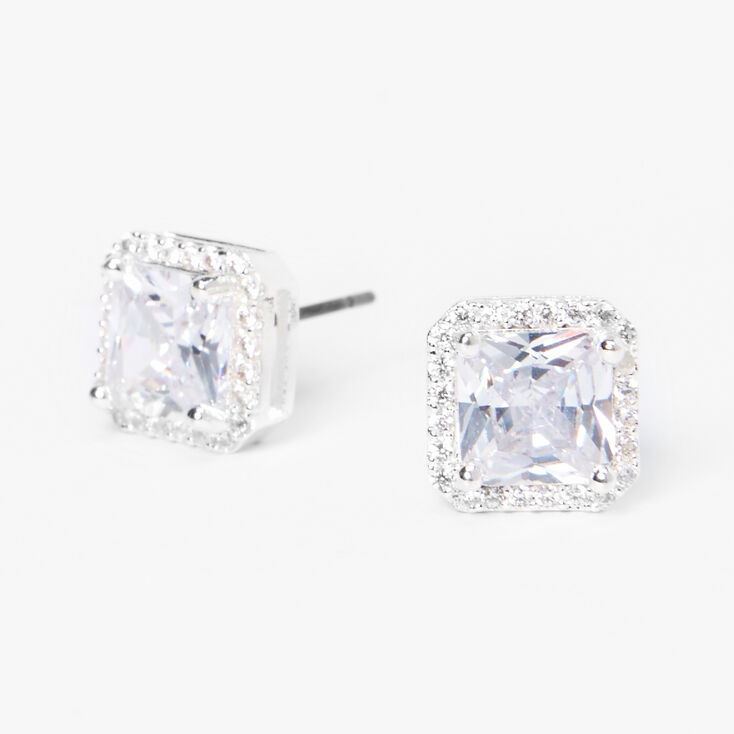 Silver Square Cubic Zirconia Halo Stud Earrings,