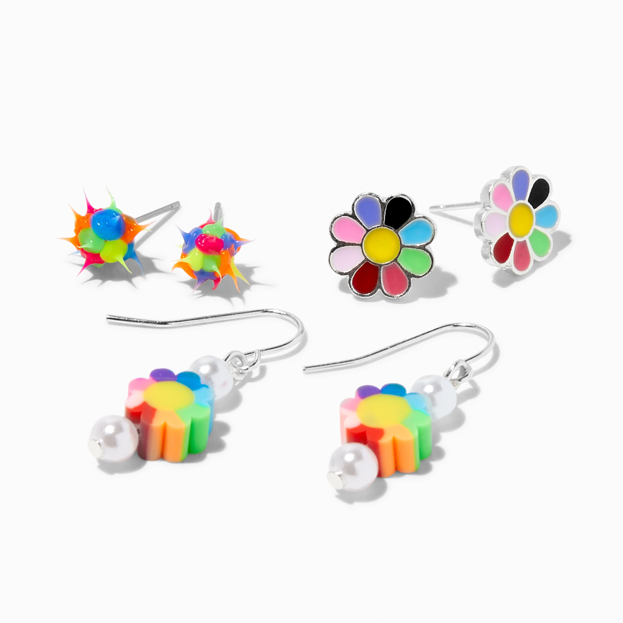 View Claires Rainbow Daisy Mixed Earrings Set 3 Pack Silver information