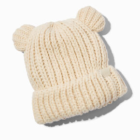 Ivory Bear Knit Beanie Hat,